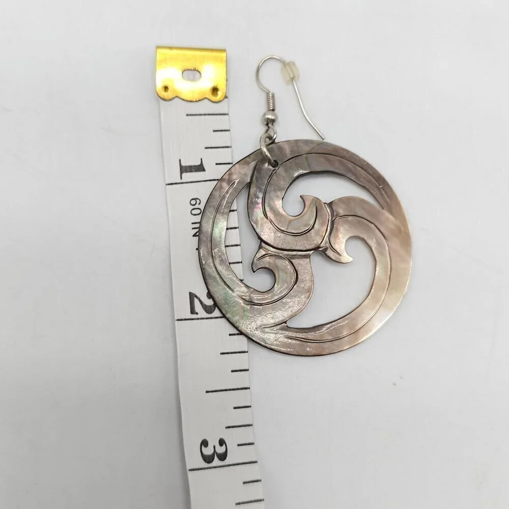 Round Abalone Shell Dangle Earrings With Swirl Design Vintage